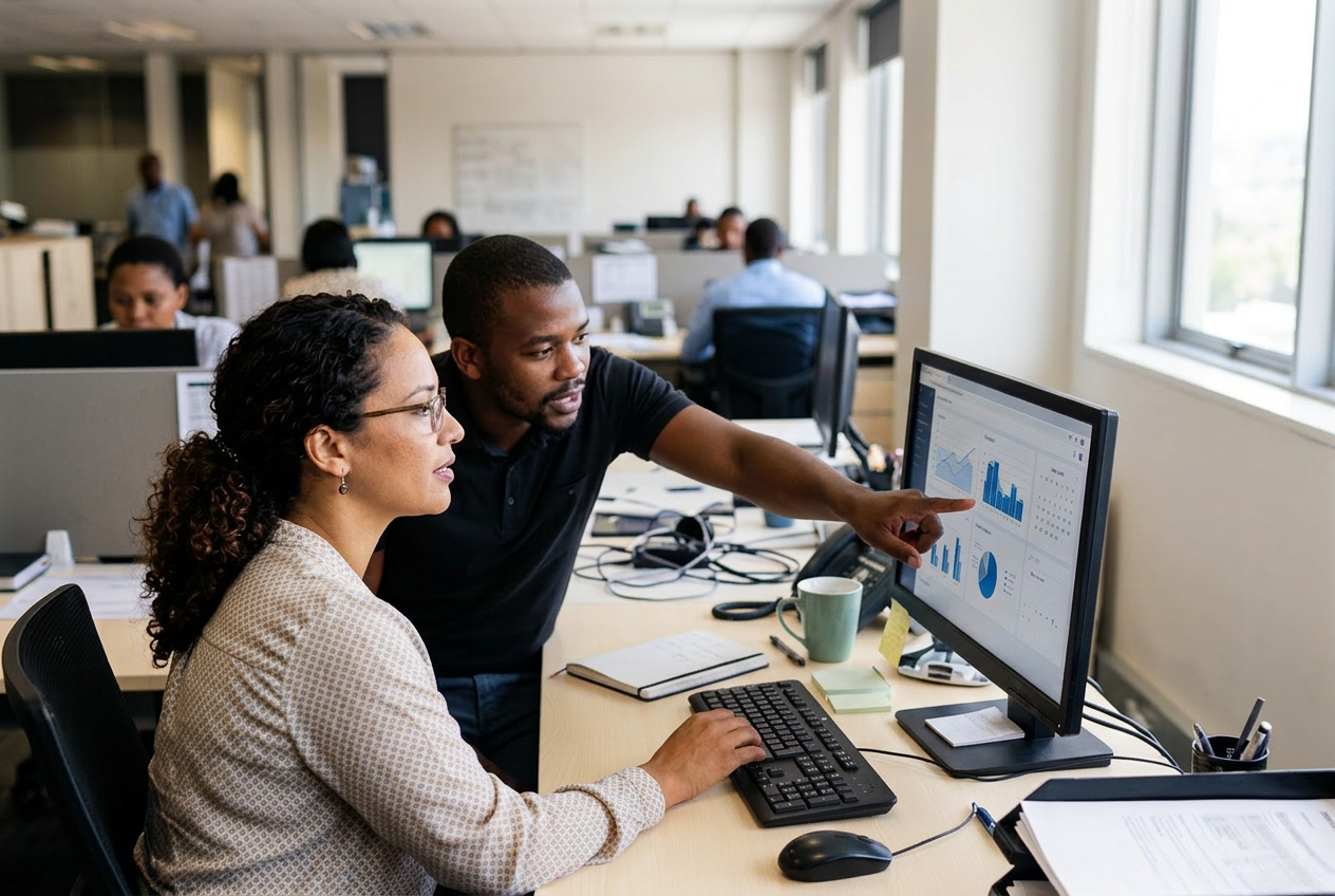 HR manager reviewing attendance analytics dashboard