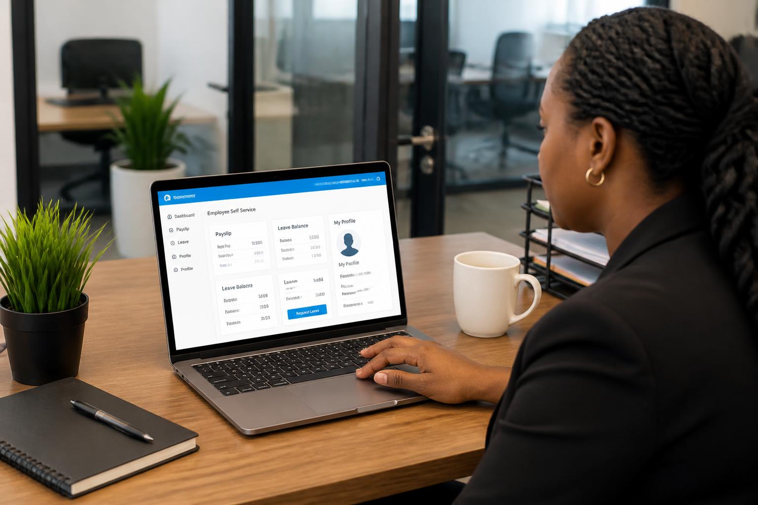 South African HR manager reviewing employee self-service portal showing payslips and leave balance