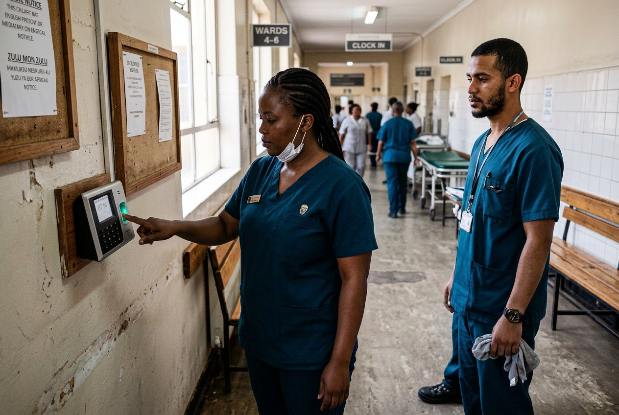 Nurse clocking in at hospital tablet kiosk