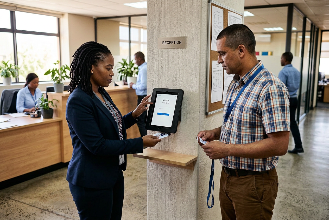 Employee tapping in to a wall-mounted attendance kiosk in a modern reception area