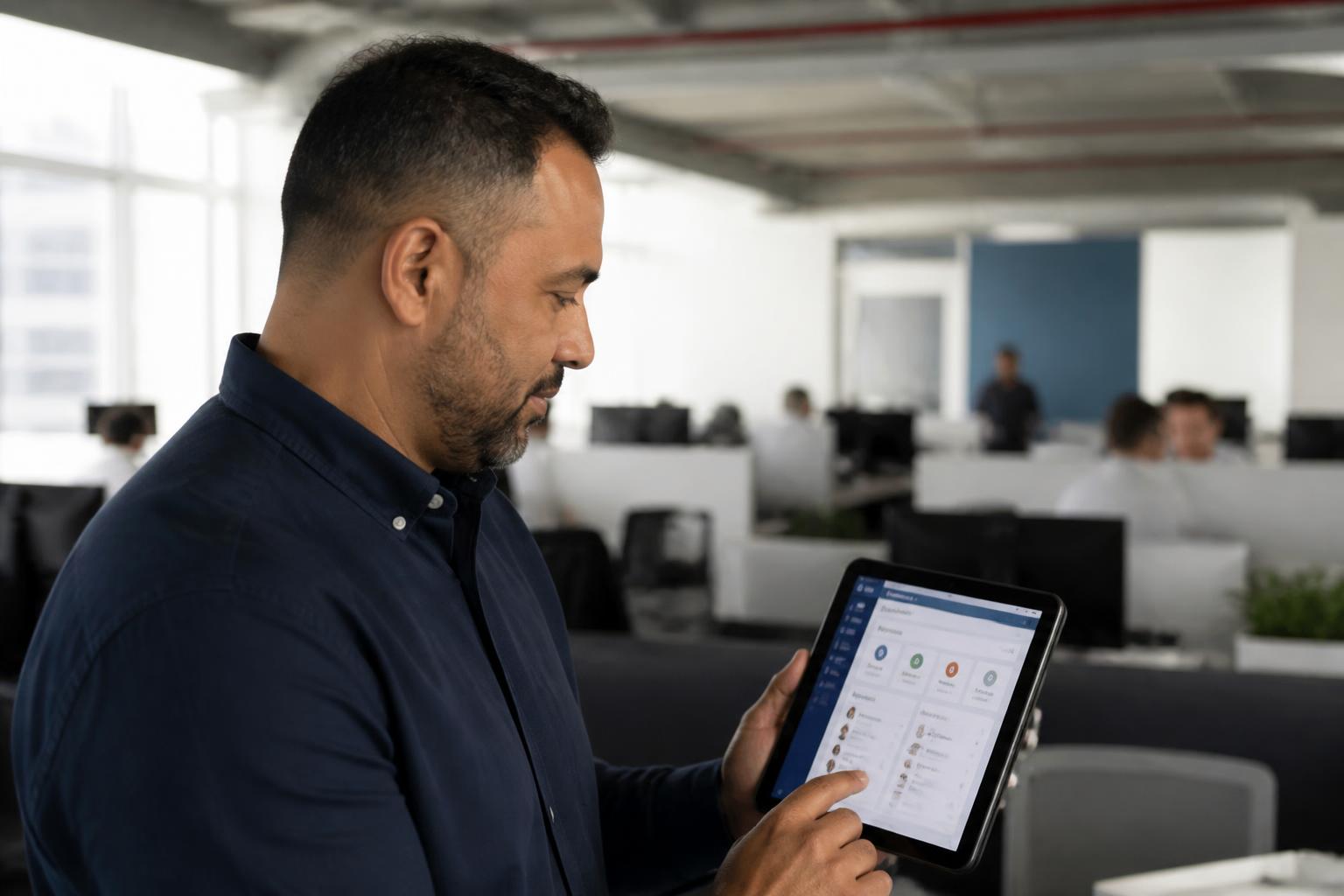 South African operations manager using tablet to approve leave and monitor workforce