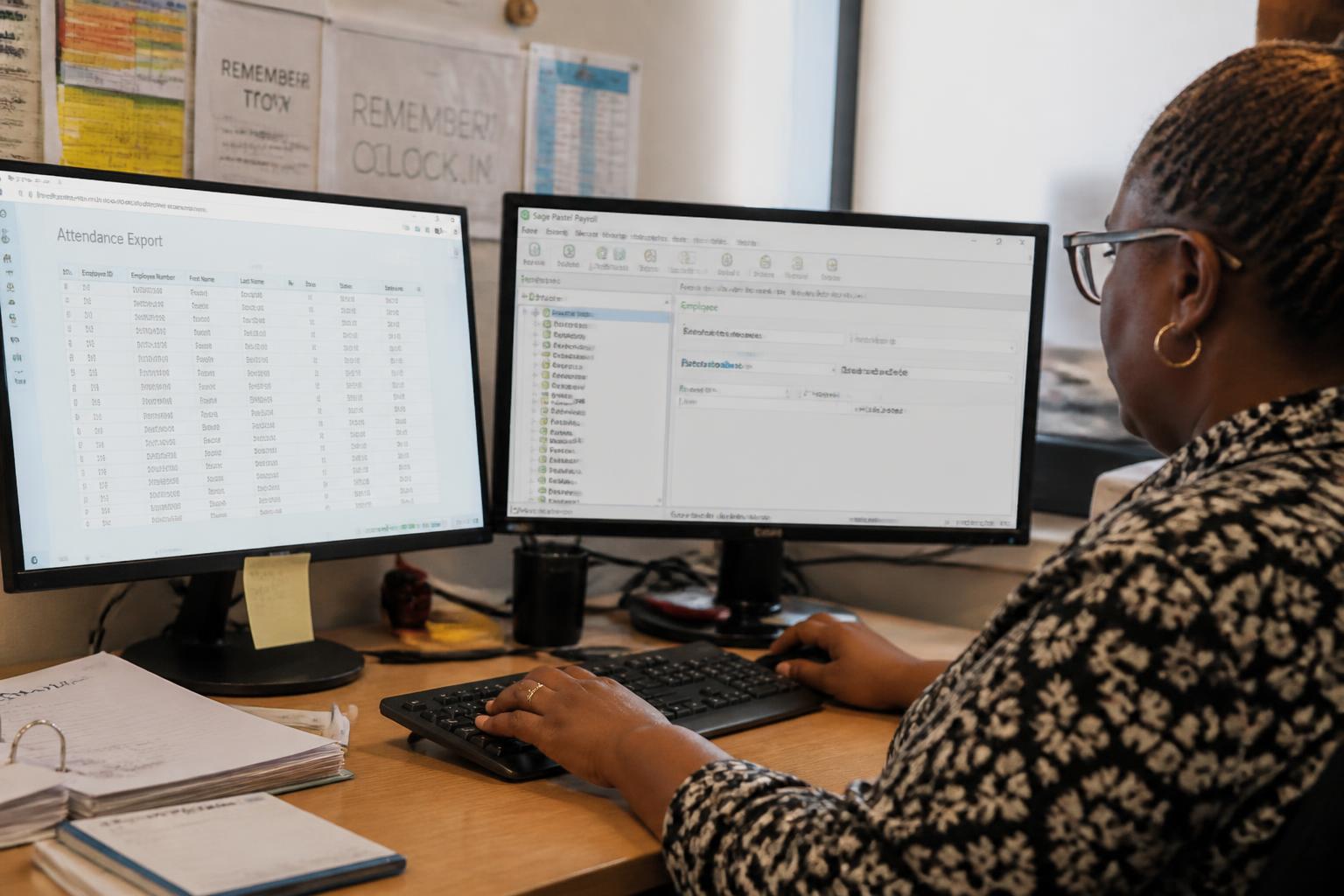 South African payroll administrator exporting attendance data into Sage Pastel payroll