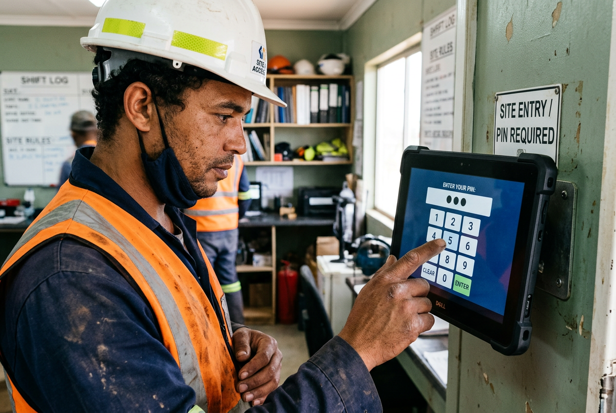 Construction supervisor entering a 4-digit PIN at a rugged tablet kiosk on site