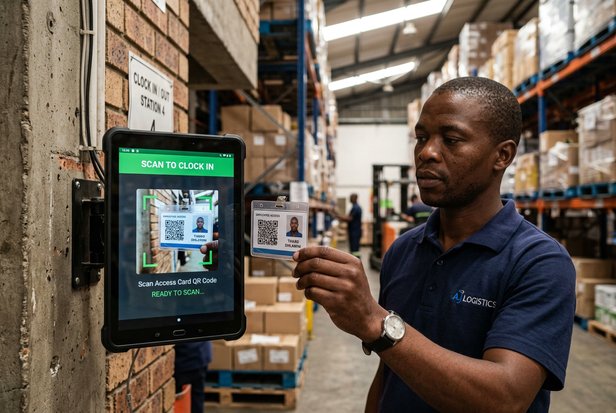 Warehouse worker in safety vest scanning a QR code badge at a wall-mounted clocking kiosk