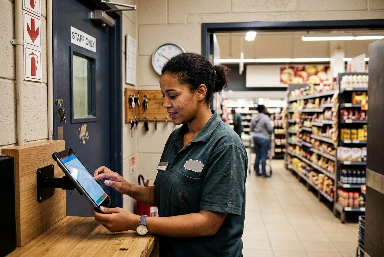 Retail staff clocking in at boutique kiosk